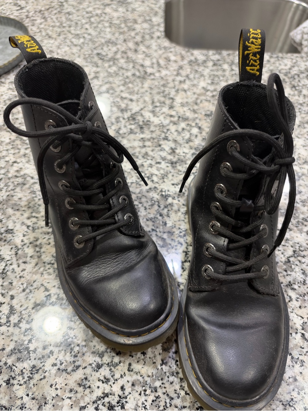 Dr. Martens Black Leather Lace-Up Boots with Yellow Stitching